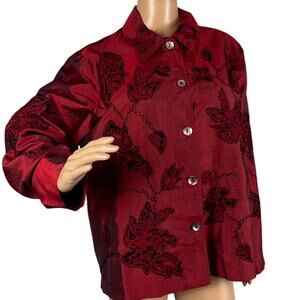 Vintage Women’s Red Silk Blazer Jacket Black Beaded Appliqués Size L Statement